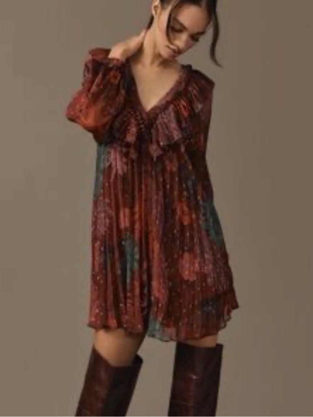 Anthropologie Multicolor Floral V-Neck Pleated Baby doll dress XS Petite